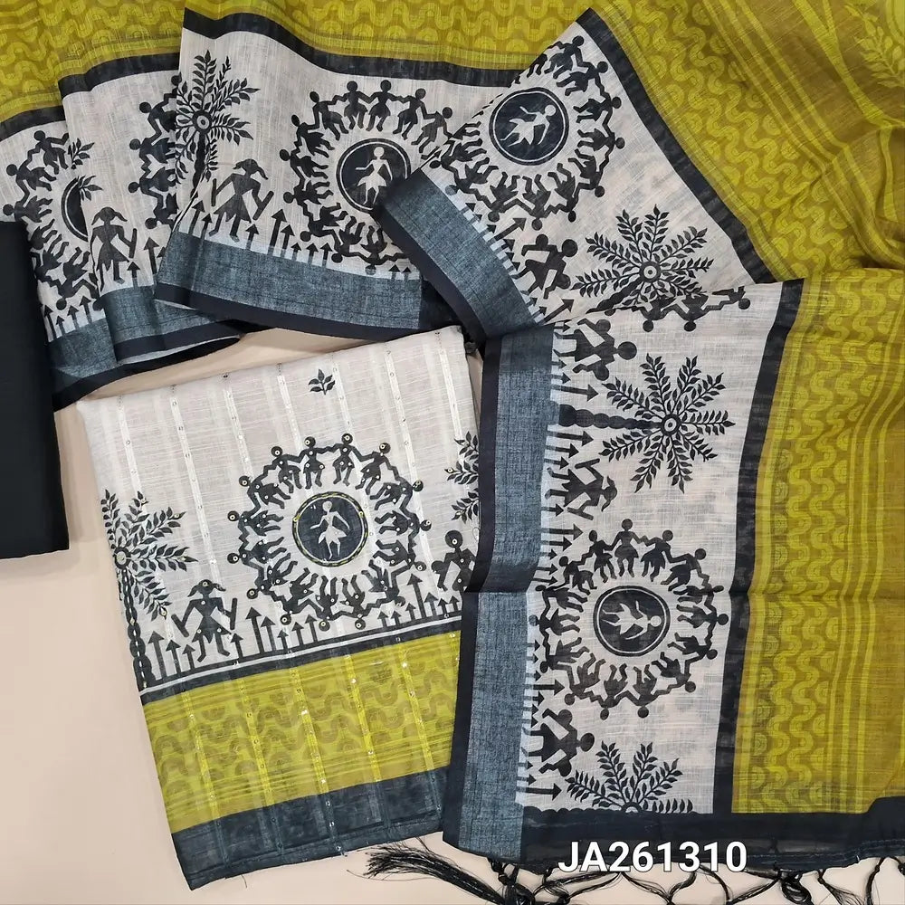 Warli Printed light Beige premium linen unstitched salwar material(lining needed) sequins, bead work on front, mehandhi green daman, black spun cotton bottom, printed dual shaded semi linen dupatta with tassels. JA261310