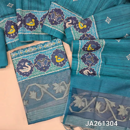 Designer digital patola printed teal Blue tussar silk cotton unstitched salwar material(lining needed) zari woven organza daman, matching santoon bottom, printed full length tussar silk cotton dupatta with tassels. JA261304