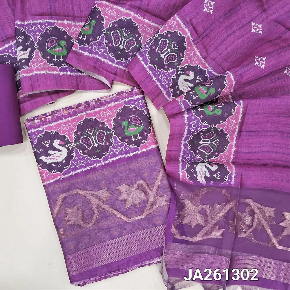 Designer digital patola printed Purple tussar silk cotton unstitched salwar material(lining needed) zari woven organza daman, matching santoon bottom, printed full length tussar silk cotton dupatta with tassels. JA261302