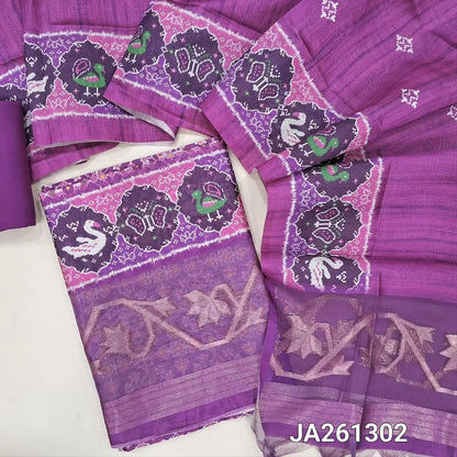 Designer digital patola printed Purple tussar silk cotton unstitched salwar material(lining needed) zari woven organza daman, matching santoon bottom, printed full length tussar silk cotton dupatta with tassels. JA261302