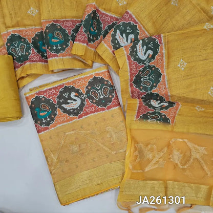 Designer digital patola printed mehandhi Yellow tussar silk cotton unstitched salwar material(lining needed) zari woven organza daman, matching santoon bottom, printed full length tussar silk cotton dupatta with tassels. JA261301