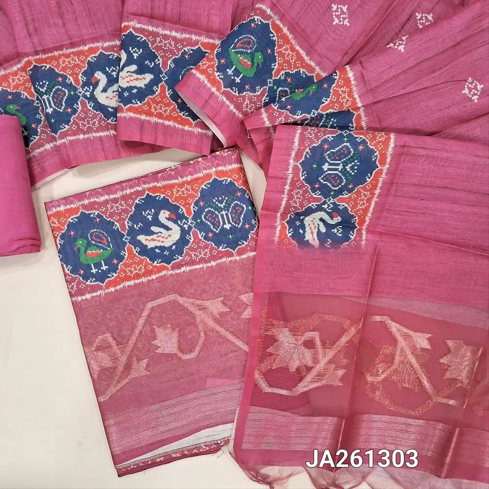 Designer digital patola printed Pink tussar silk cotton unstitched salwar material(lining needed) zari woven organza daman, matching santoon bottom, printed full length tussar silk cotton dupatta with tassels. JA261303