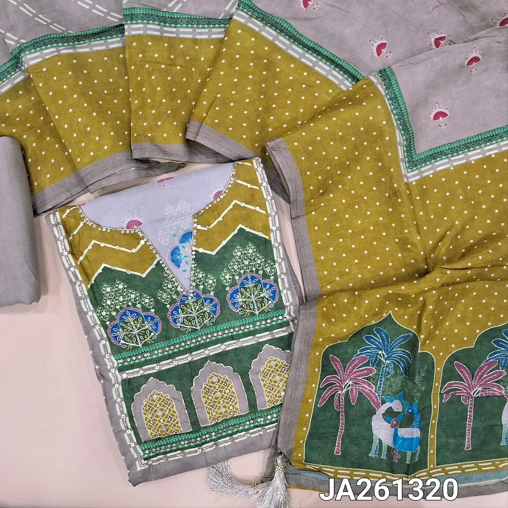 Designer printed light Grey russian silk unstitched salwar material(silky, lining needed)sequence work on yoke, panel design, digital print, sequins work on daman, matching santoon bottom, digital printed russian silk short width dupatta. JA261320