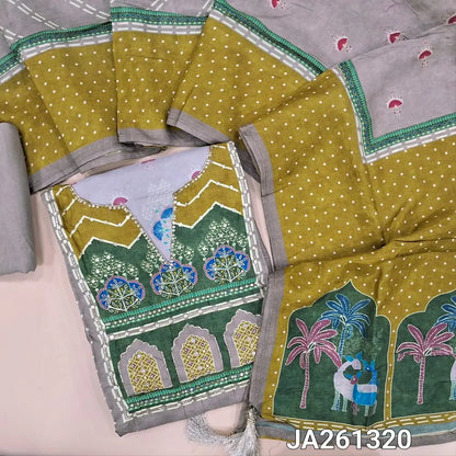 Designer printed light Grey russian silk unstitched salwar material(silky, lining needed)sequence work on yoke, panel design, digital print, sequins work on daman, matching santoon bottom, digital printed russian silk short width dupatta. JA261320