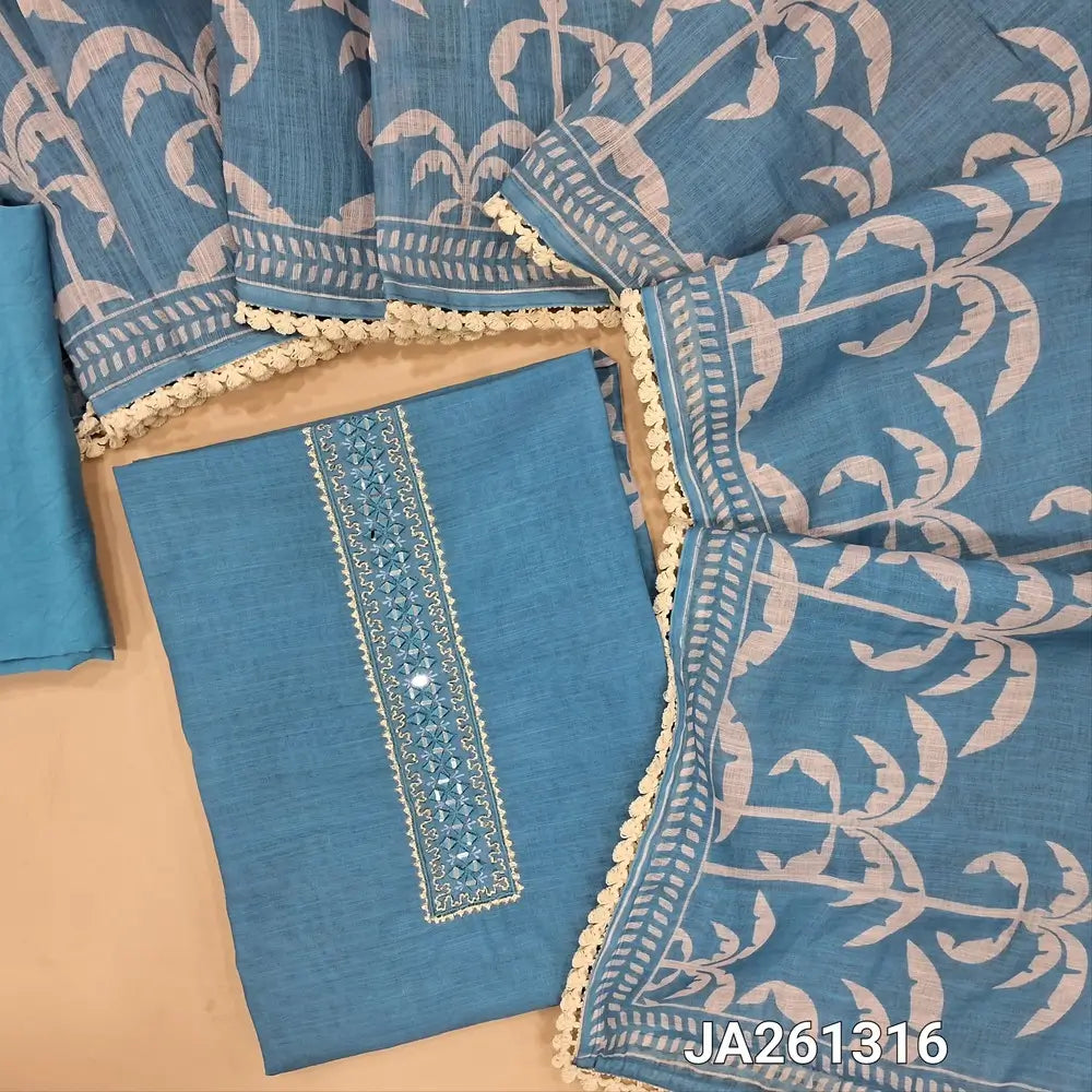 Premium powder Blue semi linen unstitched salwar material(texture, lining needed) real mirror, zari work on yoke, tree print on front, matching silky bottom, one side of tree print semi linen dupatta with lace tapings. JA261316