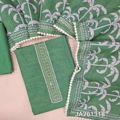 Premium Leafy Green semi linen unstitched salwar material(texture, lining needed) real mirror, zari work on yoke, tree print on front, matching silky bottom, one side of tree print semi linen dupatta with lace tapings. JA261318