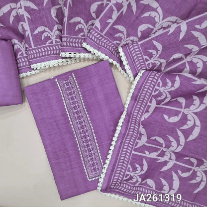 Premium Purple semi linen unstitched salwar material(texture, lining needed) real mirror, zari work on yoke, tree print on front, matching silky bottom, one side of tree print semi linen dupatta with lace tapings. JA261319