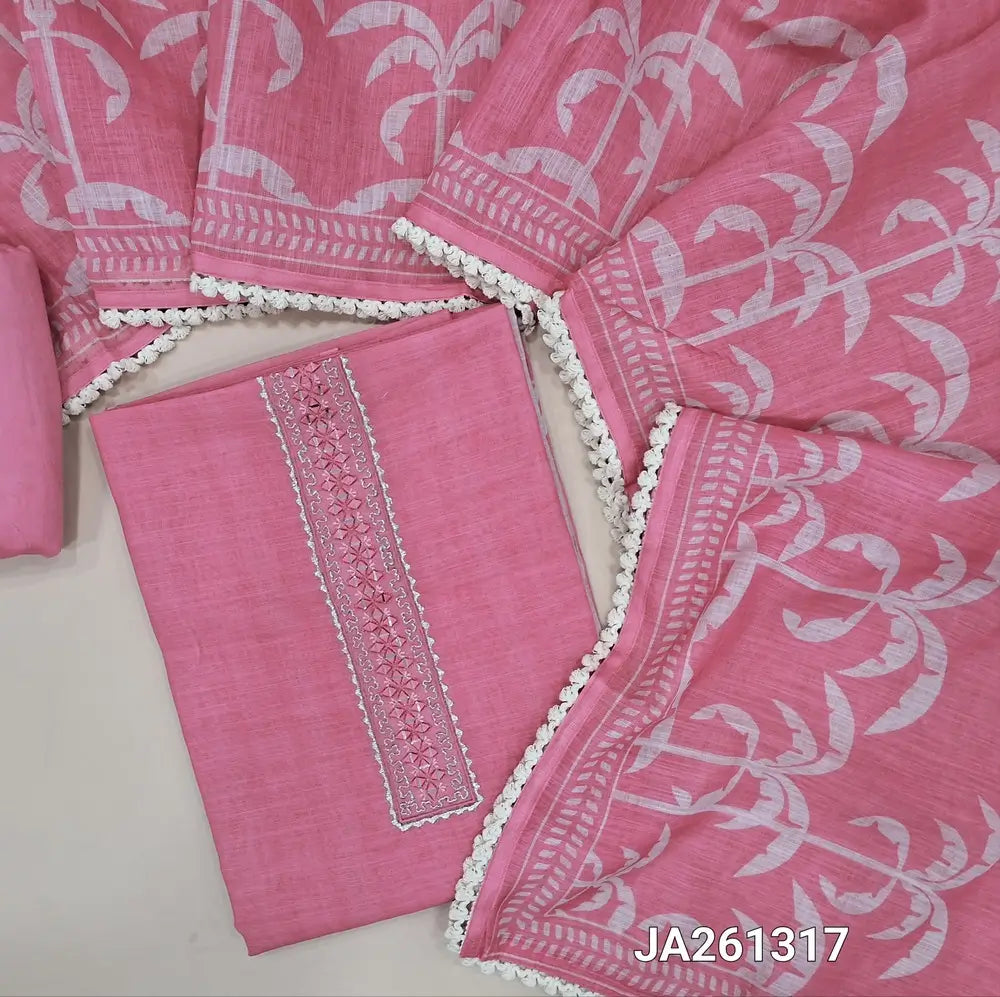 Premium bright Pink semi linen unstitched salwar material(texture, lining needed) real mirror, zari work on yoke, tree print on front, matching silky bottom, one side of tree print semi linen dupatta with lace tapings.JA261317