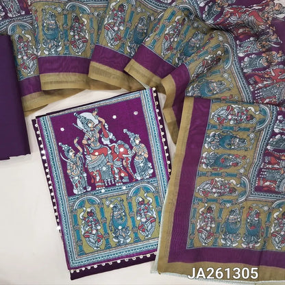 Deep wine Purple satin cotton unstitched salwar material(lining needed) digital print, faux mirror work on yoke, matching cotton bottom, digital printed fancy silk cotton dupatta. (TAPING NEEDED). JA261305