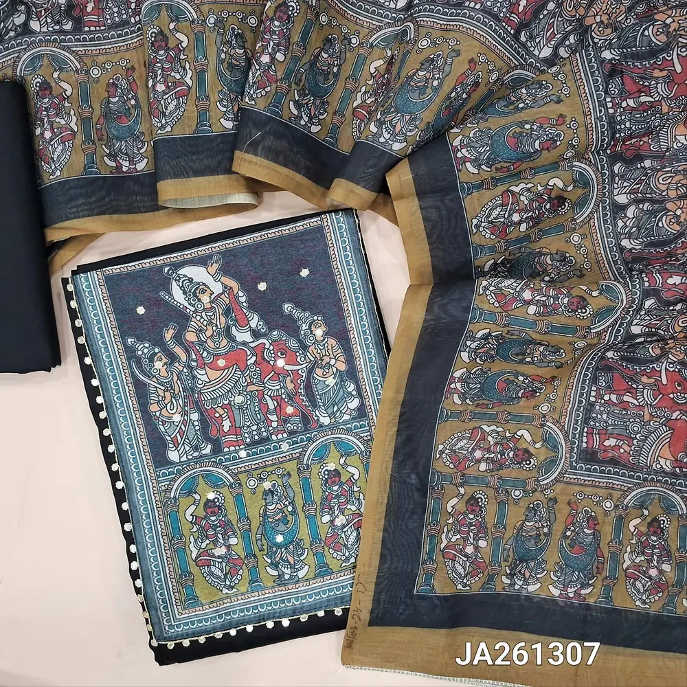 Black satin cotton unstitched salwar material(lining needed) digital print, faux mirror work on yoke, matching cotton bottom, digital printed fancy silk cotton dupatta. (TAPING NEEDED). JA261307