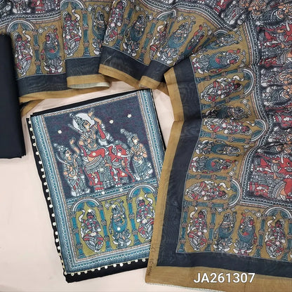 Black satin cotton unstitched salwar material(lining needed) digital print, faux mirror work on yoke, matching cotton bottom, digital printed fancy silk cotton dupatta. (TAPING NEEDED). JA261307