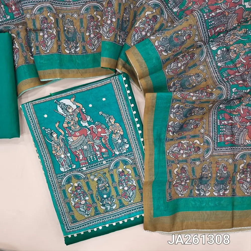 Turquoise Green satin cotton unstitched salwar material(lining needed) digital print, faux mirror work on yoke, matching cotton bottom, digital printed fancy silk cotton dupatta. (TAPING NEEDED). JA261308