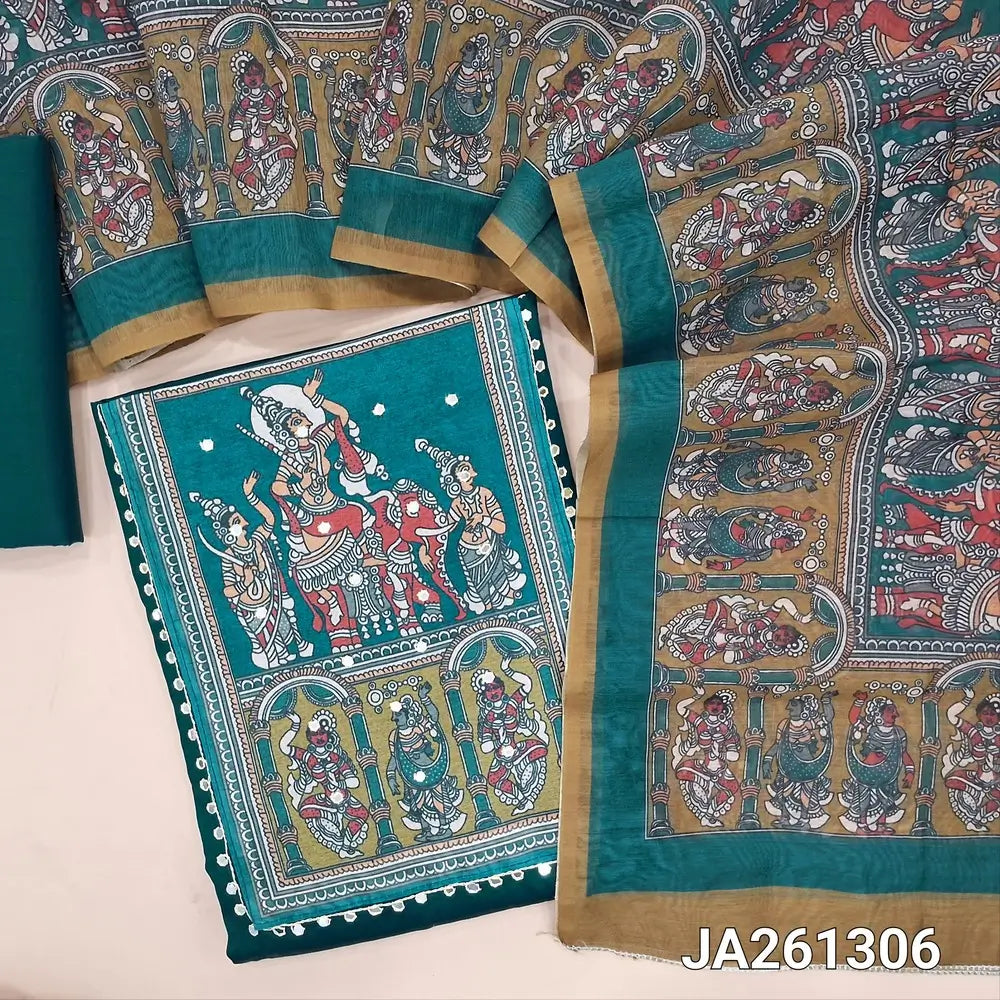 Teal Blue satin cotton unstitched salwar material(lining needed) digital print, faux mirror work on yoke, matching cotton bottom, digital printed fancy silk cotton dupatta. (TAPING NEEDED). JA261306