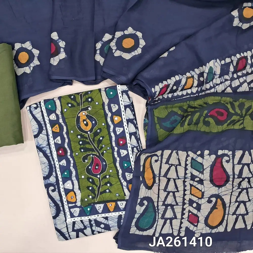 Wax batik dyed Blue pure cotton unstitched salwar material (lining needed) thread, faux mirror work on yoke, mossy green cotton bottom, batik dyed mul cotton full length dupatta(TAPING NEEDED). JA261410