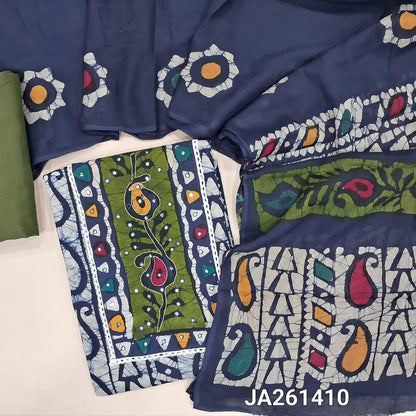 Wax batik dyed Blue pure cotton unstitched salwar material (lining needed) thread, faux mirror work on yoke, mossy green cotton bottom, batik dyed mul cotton full length dupatta(TAPING NEEDED). JA261410
