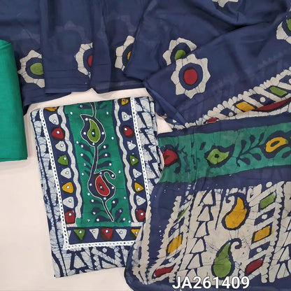 Wax batik dyed Blue pure cotton unstitched salwar material (lining needed) thread, faux mirror work on yoke, turquoise Blue cotton bottom, batik dyed mul cotton full length dupatta(TAPING NEEDED). JA261409