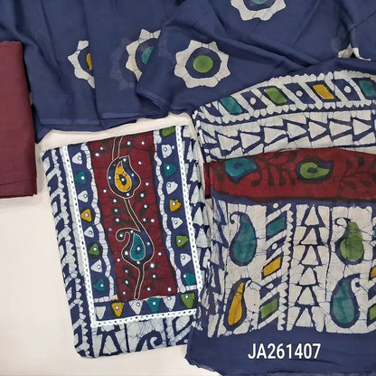 Wax batik dyed Blue pure cotton unstitched salwar material (lining needed) thread, faux mirror work on yoke, maroon cotton bottom, batik dyed mul cotton full length dupatta(TAPING NEEDED). JA261407