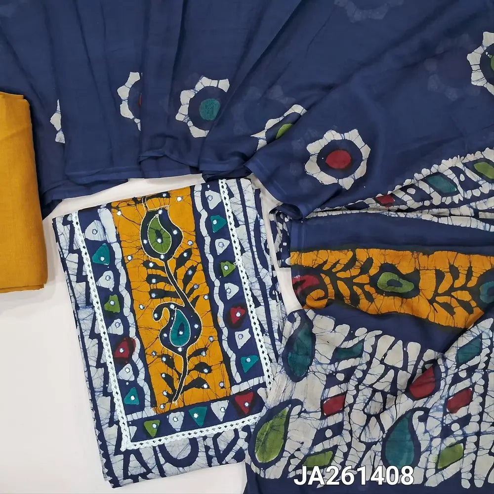Wax batik dyed Blue pure cotton unstitched salwar material (lining needed) thread, faux mirror work on yoke, mehandhi yellow cotton bottom, batik dyed mul cotton full length dupatta(TAPING NEEDED). JA261408