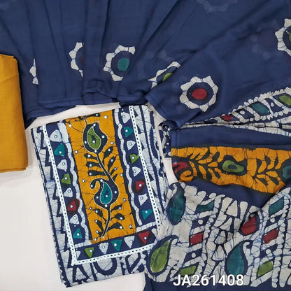 Wax batik dyed Blue pure cotton unstitched salwar material (lining needed) thread, faux mirror work on yoke, mehandhi yellow cotton bottom, batik dyed mul cotton full length dupatta(TAPING NEEDED). JA261408