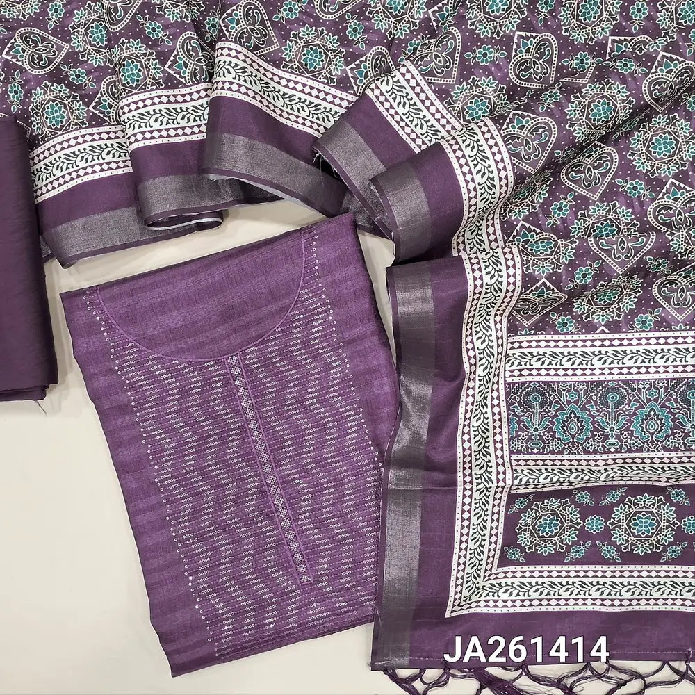 Purple semi gicha unstitched salwar material (textured, lining needed)thread & sequins work on yoke, matching silky bottom, digital printed silk cotton full length dupatta with tassels. JA261414