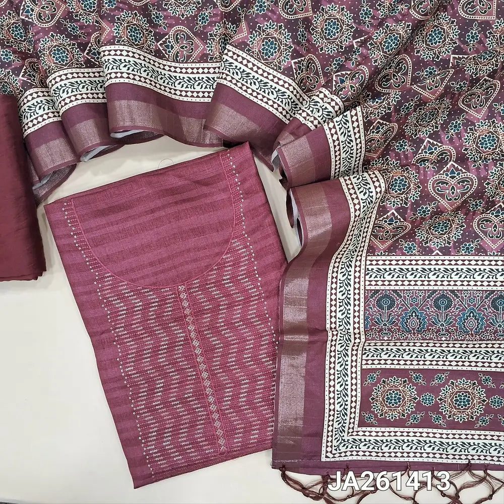 Dark Pink semi gicha unstitched salwar material (textured, lining needed) thread & sequins work on yoke, matching silky bottom, digital printed silk cotton full length dupatta with tassels. JA261413