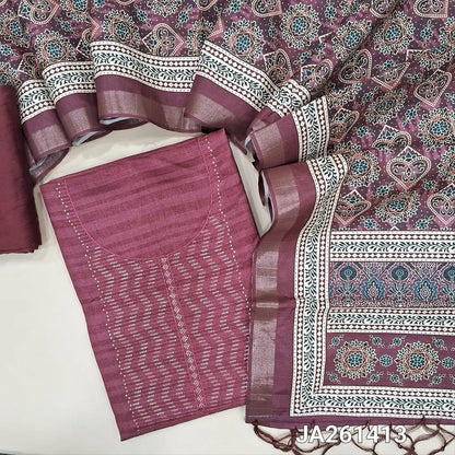 Dark Pink semi gicha unstitched salwar material (textured, lining needed) thread & sequins work on yoke, matching silky bottom, digital printed silk cotton full length dupatta with tassels. JA261413