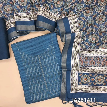 Dark Blueish Grey semi gicha unstitched salwar material (textured, lining needed) thread & sequins work on yoke, matching silky bottom, digital printed silk cotton full length dupatta with tassels. JA261411