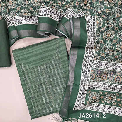 Sage Green semi gicha unstitched salwar material (textured, lining needed) thread & sequins work on yoke, matching silky bottom, digital printed silk cotton full length dupatta with tassels. JA261412