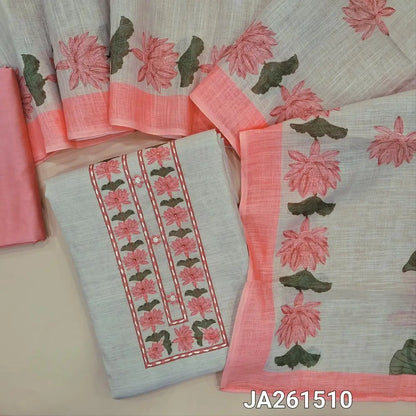 Light Beige semi linen unstitched salwar material (lining needed) floral print, stitch work on yoke, light peachish pink silky bottom, floral printed  semi linen dupatta. JA261510