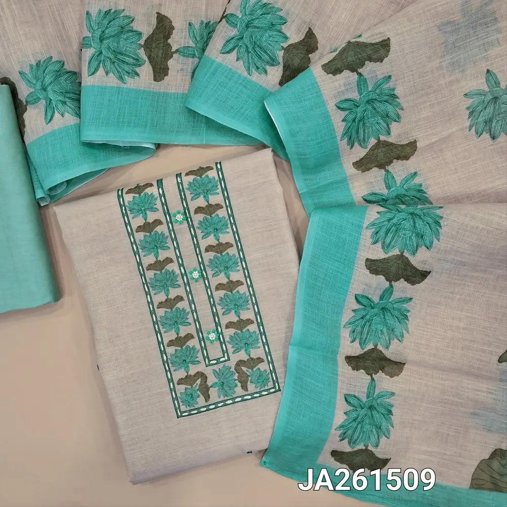 Light Beige semi linen unstitched salwar material (lining needed) floral print, stitch work on yoke, pastel Blue silky bottom, floral printed  semi linen dupatta. JA261509