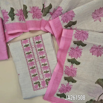 Light Beige semi linen unstitched salwar material (lining needed) floral print, stitch work on yoke, pastel Pink silky bottom, floral printed  semi linen dupatta. JA261508