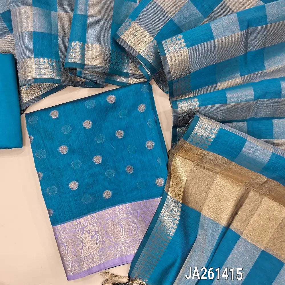 Turquoise Blue soft silk cotton unstitched salwar material (lining needed) zari buttas allover, double side contrast border, matching silk cotton bottom, tissue checked silk cotton  dupatta with tassels JA261415