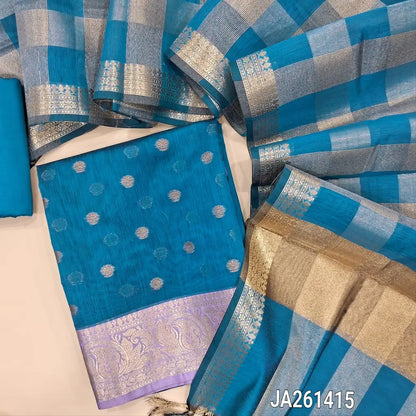 Turquoise Blue soft silk cotton unstitched salwar material (lining needed) zari buttas allover, double side contrast border, matching silk cotton bottom, tissue checked silk cotton  dupatta with tassels JA261415