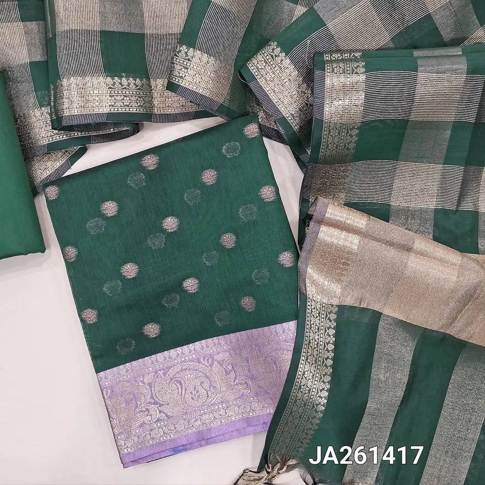 Dark Green soft silk cotton unstitched salwar material (lining needed) zari buttas allover, double side contrast border, matching silk cotton bottom, tissue checked silk cotton dupatta with tassels JA261417