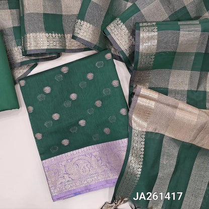 Dark Green soft silk cotton unstitched salwar material (lining needed) zari buttas allover, double side contrast border, matching silk cotton bottom, tissue checked silk cotton dupatta with tassels JA261417