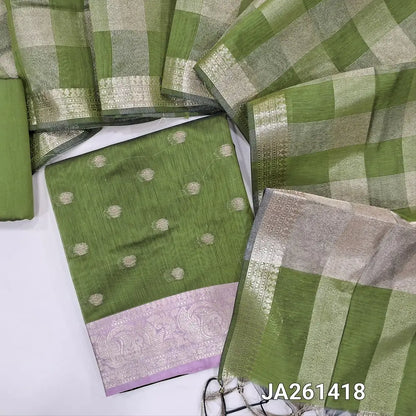 Mossy Green soft silk cotton unstitched salwar material (lining needed) zari buttas allover, double side contrast border, matching silk cotton bottom, tissue checked silk cotton dupatta with tassels JA261418