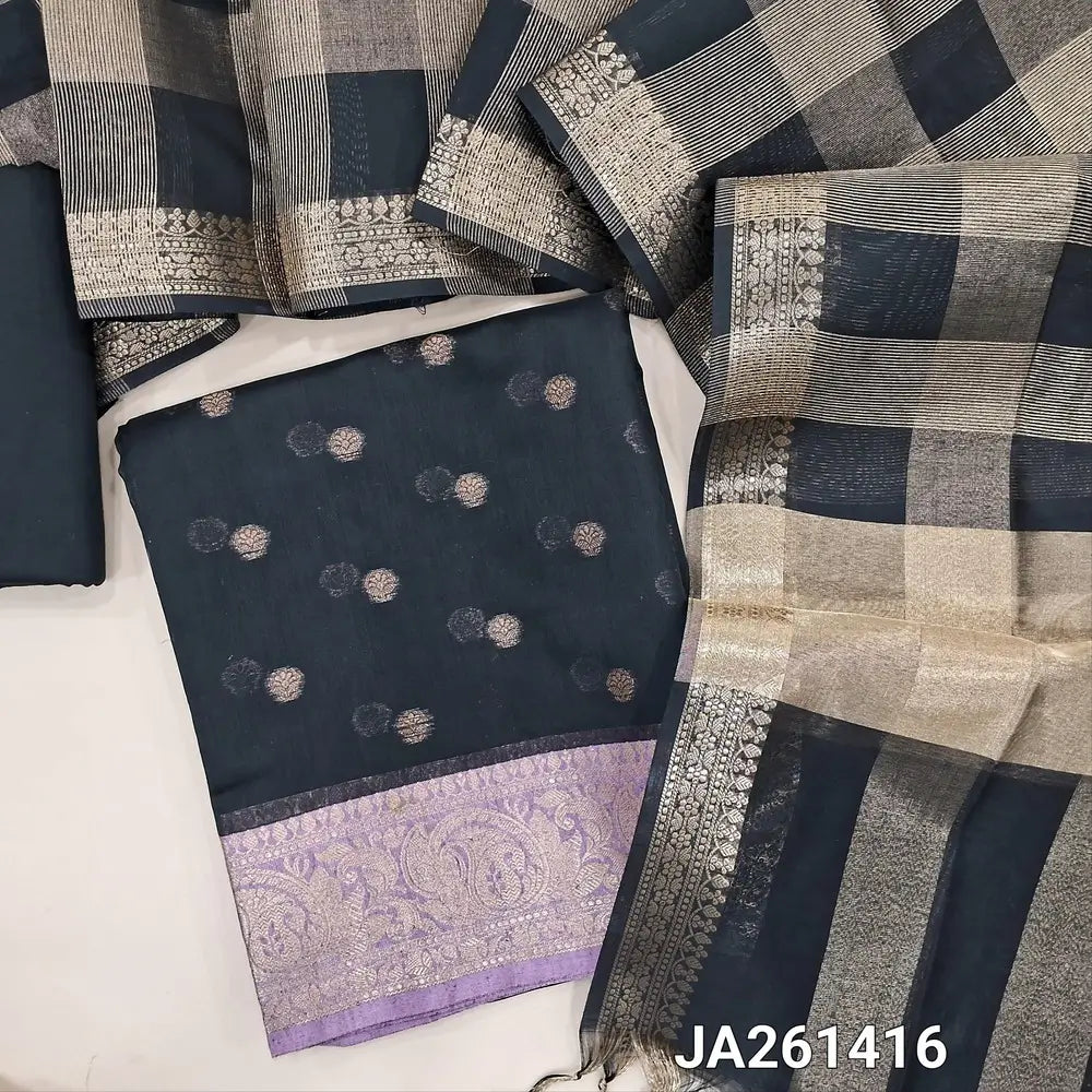 Black soft silk cotton unstitched salwar material (lining needed) zari buttas allover, double side contrast border, matching silk cotton bottom, tissue checked silk cotton dupatta with tassels JA261416