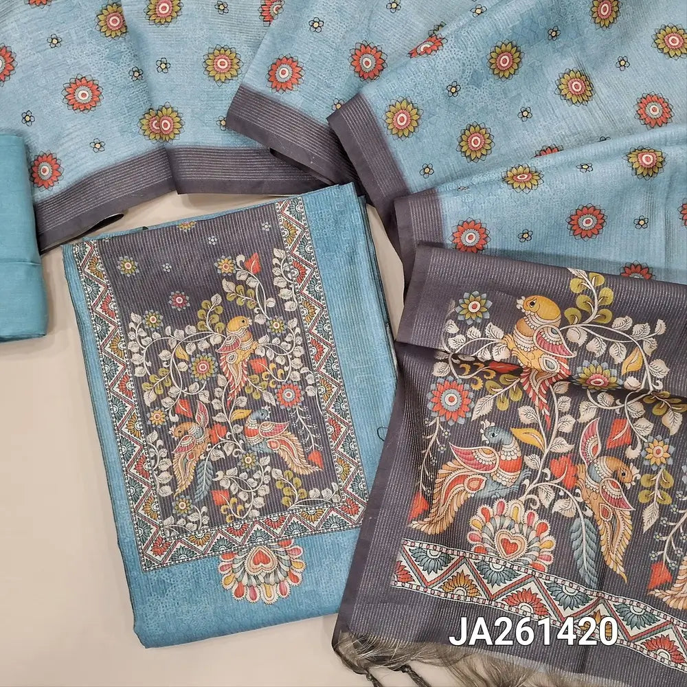 Digital printed Blueish Grey tissue silk cotton unstitched salwar material(lining needed) kalamkari print on yoke, zari lines ollover, matching santoon bottom, digital printed tissue silk cotton dupatta with tassels. JA261420