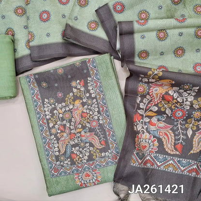 Digital printed pastel Green tissue silk cotton unstitched salwar material(lining needed) kalamkari print on yoke, zari lines ollover, matching santoon bottom, digital printed tissue silk cotton dupatta with tassels. JA261421