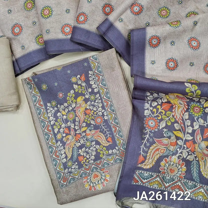 Digital printed rich Beige tissue silk cotton unstitched salwar material(lining needed) kalamkari print on yoke, zari lines ollover, matching santoon bottom, digital printed tissue silk cotton dupatta with tassels. JA261422