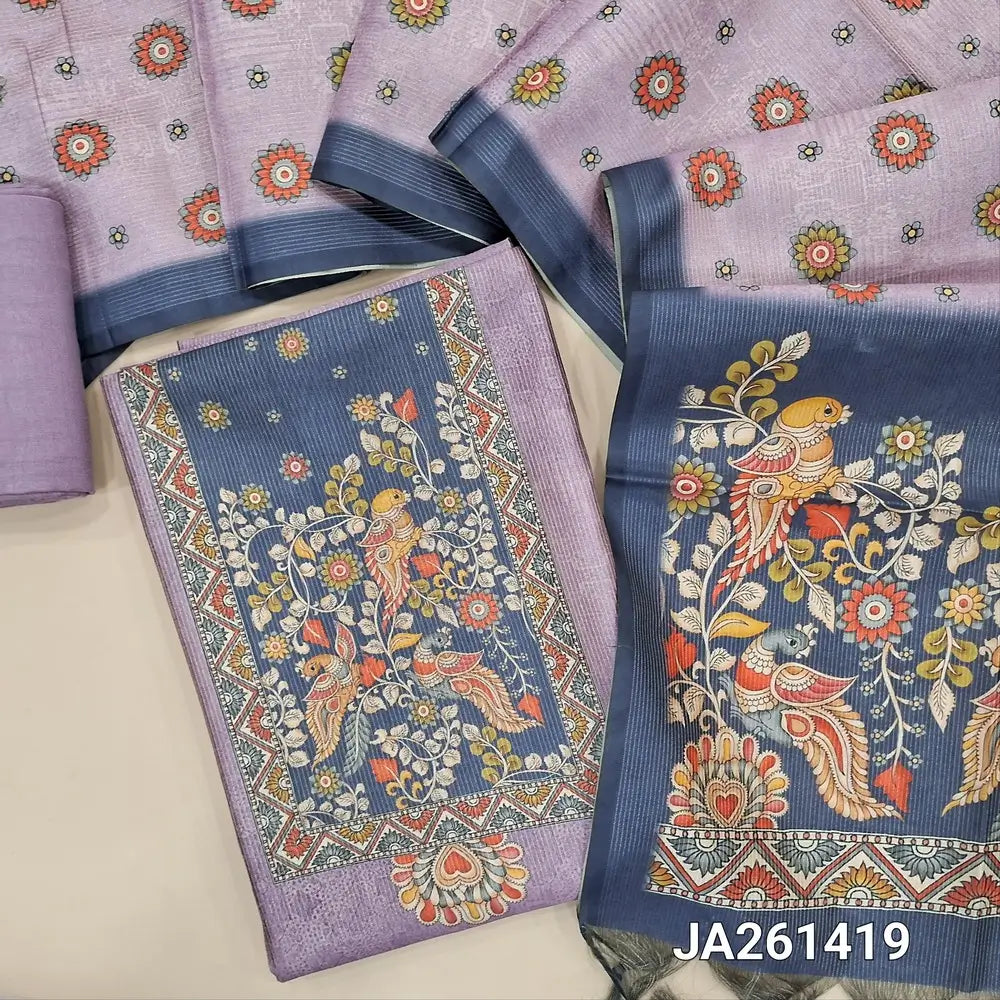 Digital printed Lavender tissue silk cotton unstitched salwar material(lining needed) kalamkari print on yoke, zari lines ollover, matching santoon bottom, digital printed tissue silk cotton dupatta with tassels. JA261419