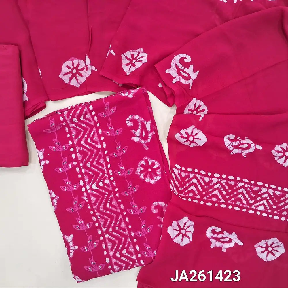 Batik design bright Pink crepe georgette unstitched salwar material(lining needed) thread, sequence work on front, matching santoon bottom, batik design on full length crepe georgette dupatta. (TAPING NEEDED)JA261424