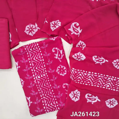Batik design bright Pink crepe georgette unstitched salwar material(lining needed) thread, sequence work on front, matching santoon bottom, batik design on full length crepe georgette dupatta. (TAPING NEEDED)JA261424