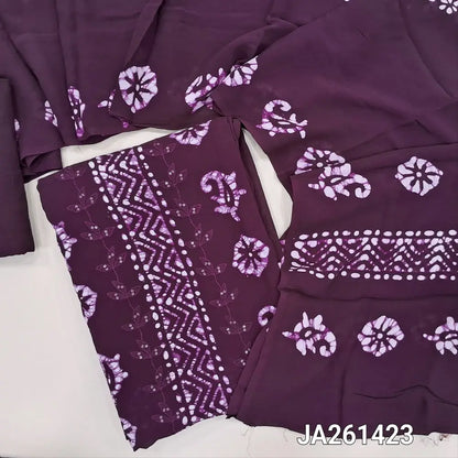 Batik design deep wine Purple crepe georgette unstitched salwar material(lining needed) thread, sequence work on front, matching santoon bottom, batik design on full length crepe georgette dupatta. (TAPING NEEDED)JA261423