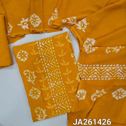 Batik design mehandhi Yellow crepe georgette unstitched salwar material(lining needed) thread, sequence work on front, matching santoon bottom, batik design on full length crepe georgette dupatta. (TAPING NEEDED)JA261426