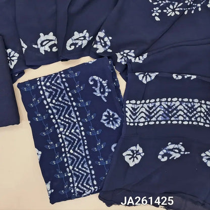 Batik design dark Blue crepe georgette unstitched salwar material(lining needed) thread, sequence work on front, matching santoon bottom, batik design on full length crepe georgette dupatta. (TAPING NEEDED)JA261425