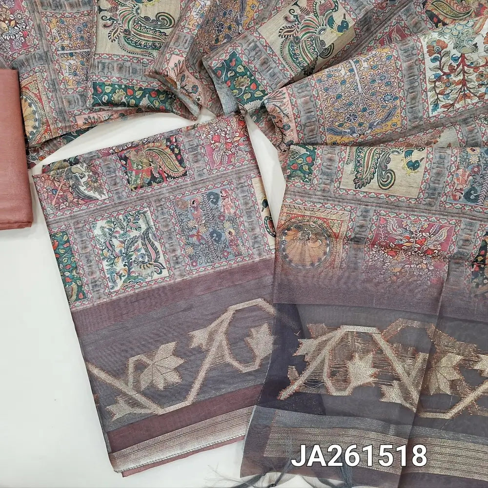 Designer light chocolate Brown premium tussar silk cotton unstitched salwar material (lining needed) kalamkari print, zari woven organza daman, matching santoon bottom, digital kalamkari printed tussar silk cotton dupatta with tassels. JA261518