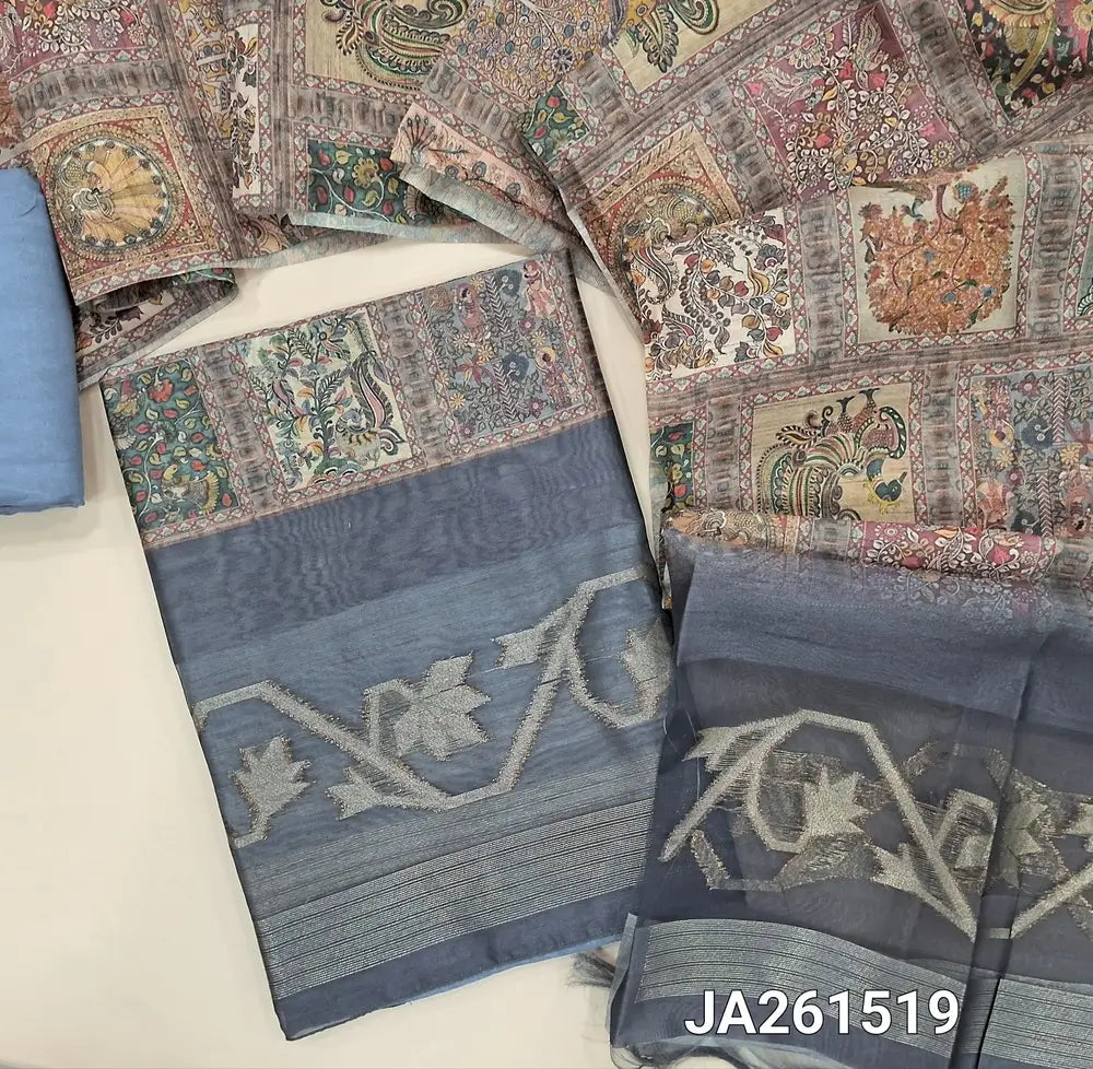Designer Blueish Grey premium tussar silk cotton unstitched salwar material (lining needed) kalamkari print, zari woven organza daman, matching santoon bottom, digital kalamkari printed tussar silk cotton dupatta with tassels. JA261519
