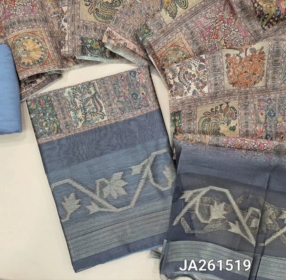 Designer Blueish Grey premium tussar silk cotton unstitched salwar material (lining needed) kalamkari print, zari woven organza daman, matching santoon bottom, digital kalamkari printed tussar silk cotton dupatta with tassels. JA261519
