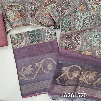 Designer Purple premium tussar silk cotton unstitched salwar material (lining needed) kalamkari print, zari woven organza daman, matching santoon bottom, digital kalamkari printed tussar silk cotton dupatta with tassels. JA261520